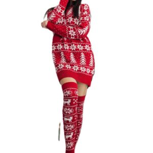 Compleu Tricotat, rochie si jambiere cu imprimeu de Craciun MIB043