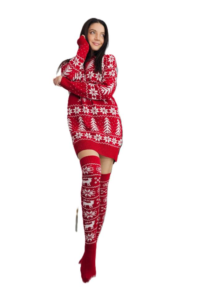 Compleu Tricotat, rochie si jambiere cu imprimeu de Craciun MIB043 - imagine 2